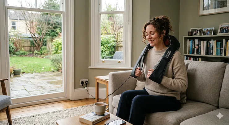 Person relaxing at home using a heated neck and shoulder massager to relieve muscle tension.