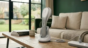 The handheld back massager sitting on its sleek charging dock, highlighting its cordless and portable design.