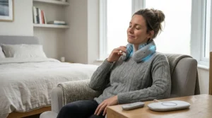 A wearable neck massager placed next to a modern USB charging cable, highlighting convenient, cable-free battery replenishment.