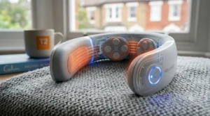 A modern cordless neck massager connected to a USB cable, highlighting the convenience of its long-lasting, rechargeable battery.