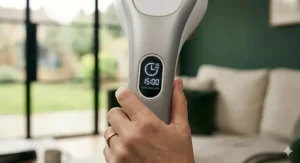 Graphic showing the auto-shut-off timer icon on the massager, indicating the 15-minute safety feature.