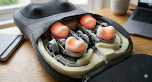 Illustration showcasing the deep tissue shiatsu nodes inside a full back massage cushion rotating to relieve muscle tension