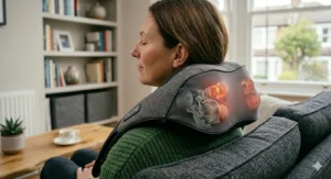 A hand adjusting the control panel of a shiatsu neck massager, showing the illuminated settings and ergonomic design.