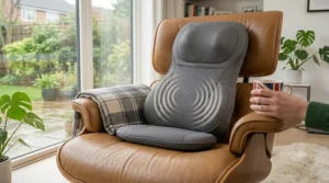 Person relaxing on the sofa using a vibrating massage cushion to relieve tired muscles