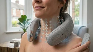 Diagrammatic view of a wearable neck massager illustrating targeted electrical pulse (TENS) nodes resting on key muscle trigger points for deep tissue relief.