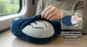 A relaxed passenger using a portable travel massage pillow on an aeroplane seat during a long-haul flight.
