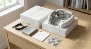 Flat lay of a USB rechargeable neck massager, charging cable, and user manual neatly arranged inside its retail packaging.