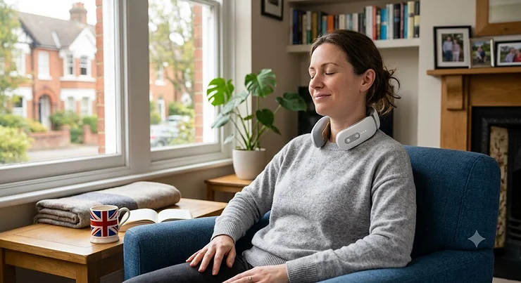 A sleek, cordless USB rechargeable neck massager being used for relaxation at home, displaying its ergonomic design and portable fit. USB rechargeable neck massager