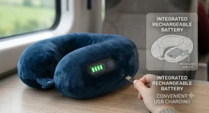 Close-up of a USB charging cable plugged into a cordless travel massage pillow, showcasing modern convenience.
