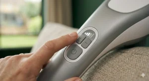 Close-up of the LED control panel on the handheld back massager showing adjustable intensity and speed settings.