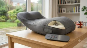 Easy-to-use hand remote control for a vibrating massage cushion showing intensity levels