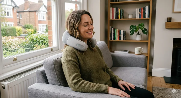 A person enjoying a relaxing session with a high-quality cervical neck massager for targeted pain relief.