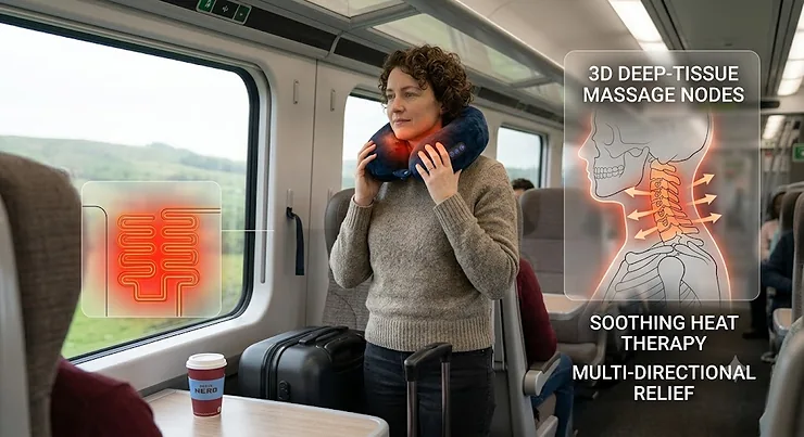 A clean travel massage pillow with its soft fabric cover partially unzipped, highlighting easy washing and hygiene maintenance. travel massage pillow