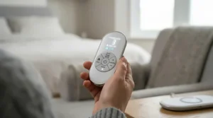 A close-up of an easy-to-use remote control and clear LED settings panel, allowing the user to adjust intensity levels on their wearable neck massager.