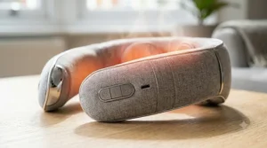 Illustration highlighting the soothing heat therapy function of a wearable neck massager, showing gentle warmth radiating across the cervical spine area.