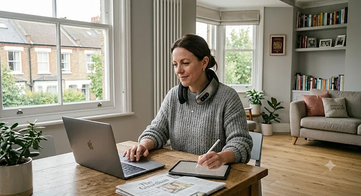 Professional using a wireless, hands-free neck massager while typing on a laptop in a modern British home office. hands-free neck massager for multitasking