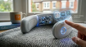 A professional working at a desk or home workstation while using a discreet, wearable cordless neck massager to relieve desk strain.