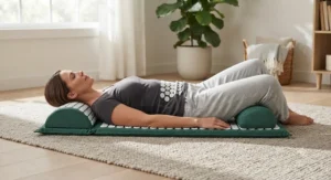 Person lying back on an acupressure mat designed to stimulate blood flow and soothe lower back aches