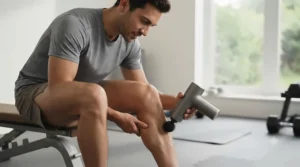Athlete using a handheld battery powered massager on tired calf muscles after a morning run.
