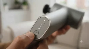 Close-up of the LED control panel and power button on a modern battery powered massager.