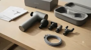 A cordless battery powered massager laid out with its interchangeable massage heads and charging cable on a neutral surface.