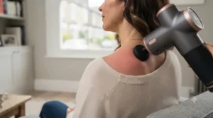 A close-up photograph of a heated massage head applied to the upper back, showing a realistic localised skin flush indicative of increased blood flow and heat therapy.