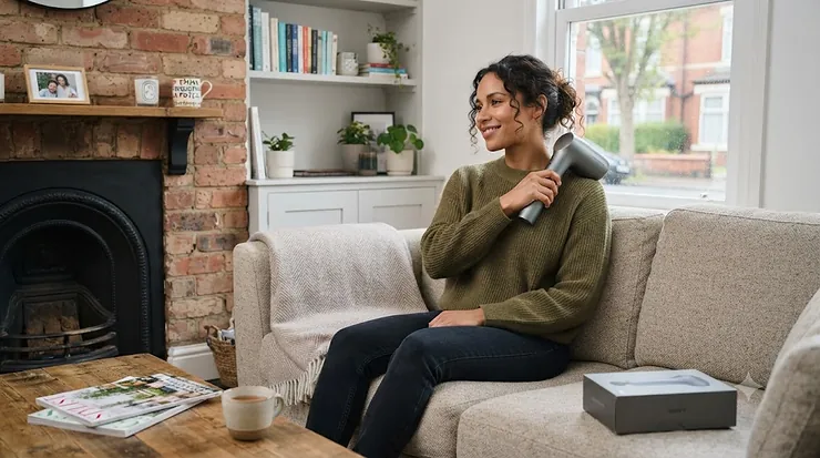 Woman relaxing on a sofa in a modern British living room while using a sleek battery powered massager on her shoulder. battery powered massager