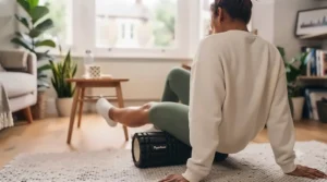 Target area demonstration using the best body roller to massage the outer thighs and reduce stiffness.