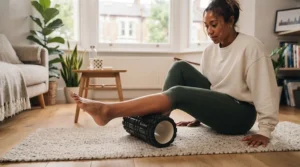 Fitness enthusiast incorporating the best body roller into her post-workout cool-down routine on a yoga mat.