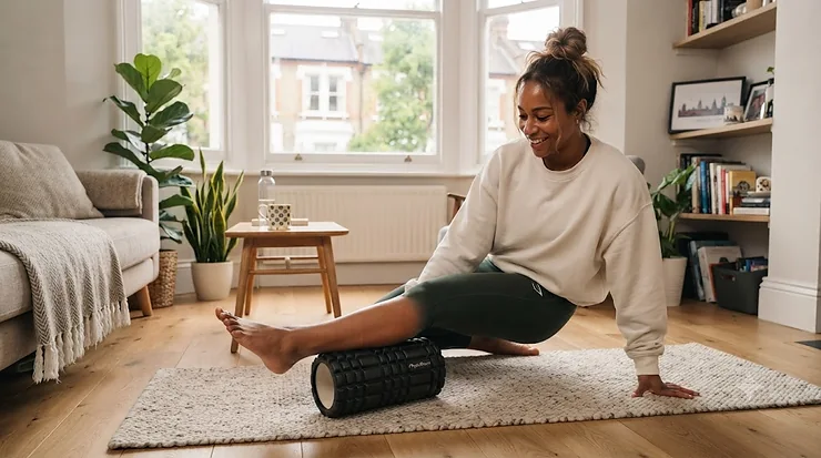 A woman using the best body roller on her legs to relieve muscle tension in a bright living room. best body roller