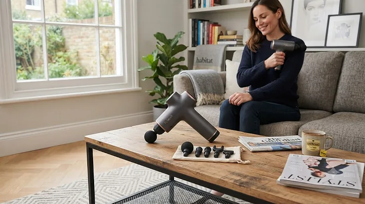 Flat lay of top-rated cordless massagers and interchangeable heads arranged on a wooden surface, showcasing the best cordless massager options for home muscle recovery. best cordless massager