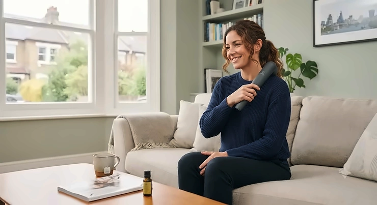 A professional photograph capturing a smiling woman in her London flat, relaxing on a linen sofa while using a sleek, charcoal grey best massage wand on her shoulder. The living room is filled with natural daylight from a bay window overlooking terraced houses. best massage wand