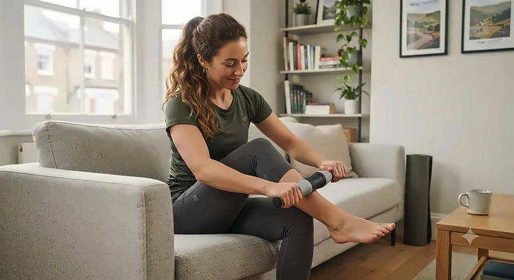 A person using the best muscle roller stick on their tight calves after a post-work gym session in a UK living room. best muscle roller stick