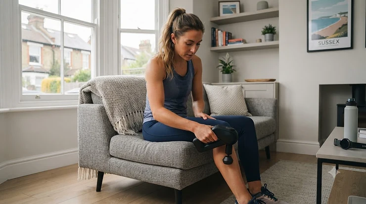 A person using the best percussion massager on their leg for post-workout muscle recovery in a modern living room. best percussion massager