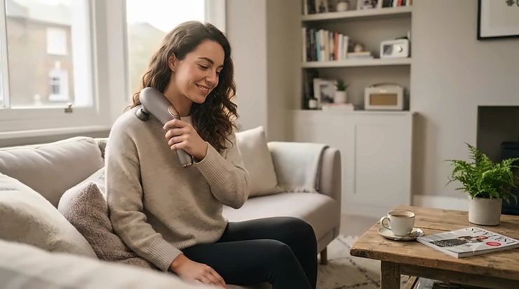 A sleek rechargeable handheld massager resting on a minimalist bedside table, ready for post-workout muscle recovery. rechargeable handheld massager