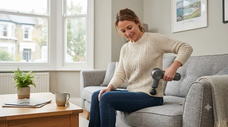 Person using a targeted electric massager on their lower back to relieve sciatica pain at home what massager is best for sciatica