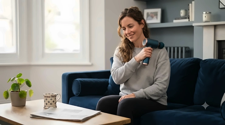 A person using a rechargeable vibrating handheld massager to relieve back tension at home. vibrating handheld massager