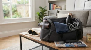 A mini travel-friendly cordless massager packed inside a gym bag next to a water bottle and resistance bands.