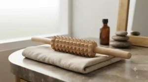 Compact and lightweight wooden massage roller ideal for post-workout recovery on the go.