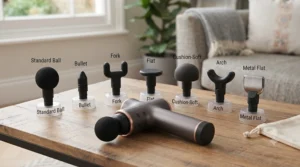 Close-up of diverse massage gun attachment heads including ball, bullet, and flat options for targeted muscle relief.