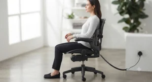 Demonstrating the correct upright seated posture while safely applying a therapeutic back massager at home. back massager buying guide
