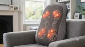 A back massage cushion with glowing heat function activated for soothing muscle tension.