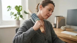 Office worker using a compact handheld massage roller at a desk to ease neck stiffness.