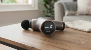 Detailed view of an LED digital display screen on a cordless massager indicating battery life and variable speed levels.