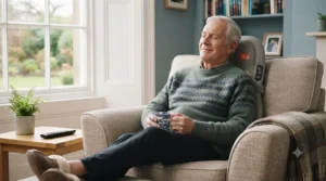 Senior man enjoying a cup of tea while relaxing comfortably with a heated back massager at home.