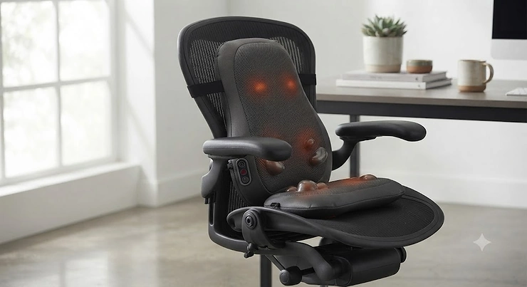 An office chair fitted with a heated shiatsu back massage seat cushion for daily posture and lumbar support. back massager buying guide