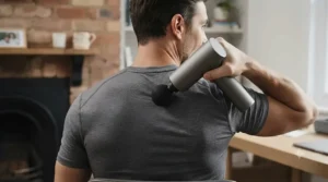 Someone demonstrating how the long handle of a battery powered massager easily reaches the middle of the back.