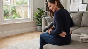 Person demonstrating how to use an ergonomic cordless massager to soothe lower back tension.