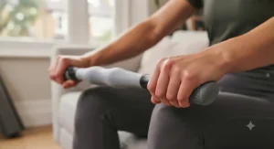 Close-up of comfortable, non-slip ergonomic handles on a high-quality muscle roller stick for firm grip.