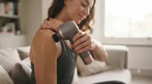 A person comfortably holding an ergonomic rechargeable handheld massager to reach a tight spot on their lower back.